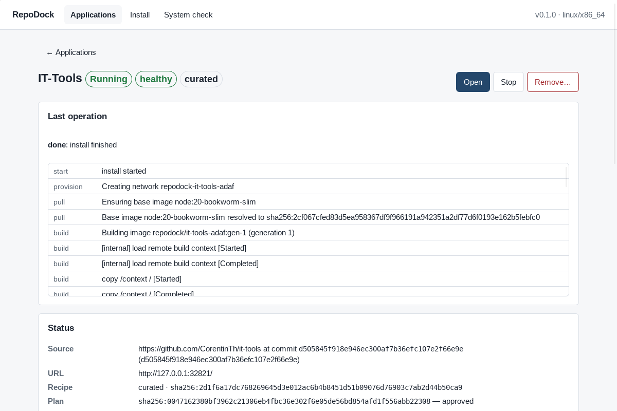 RepoDock desktop app showing IT-Tools installed from a curated recipe, running on 127.0.0.1